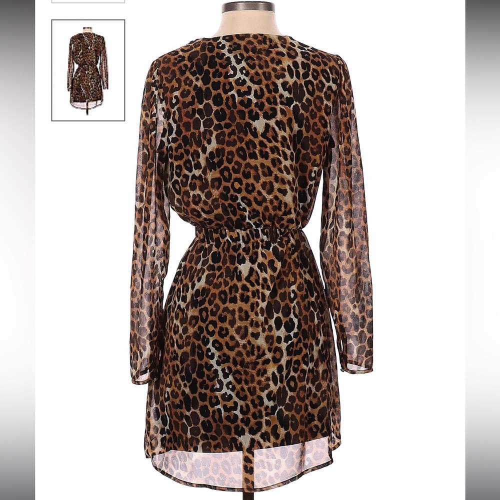 Express leopard print deep V long sleeve mini dress - Picture 2 of 2